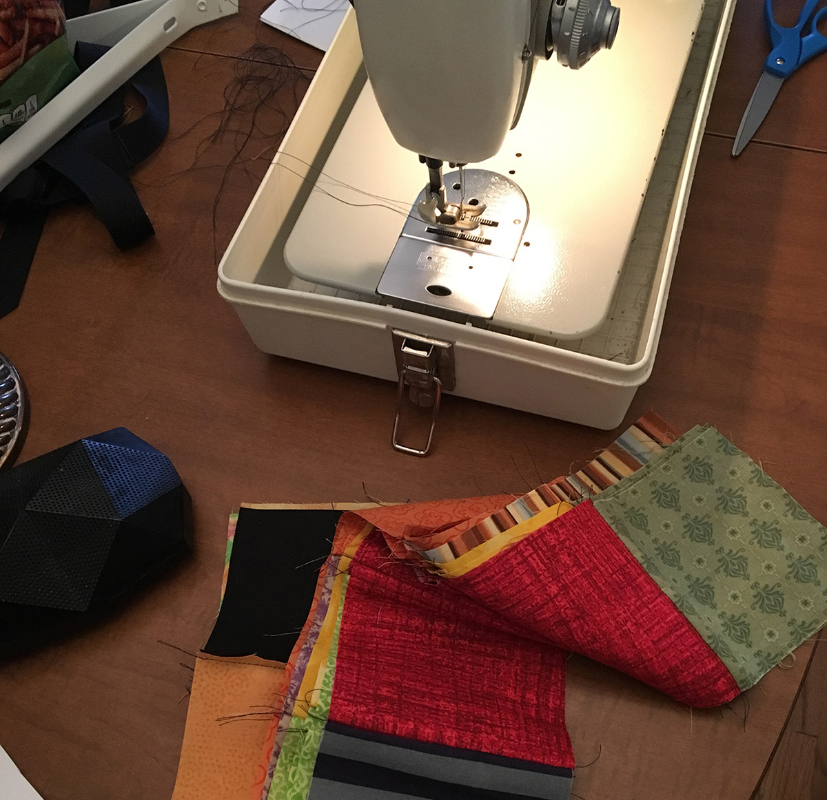 Patchwork quilt rows ready to be sewn together
