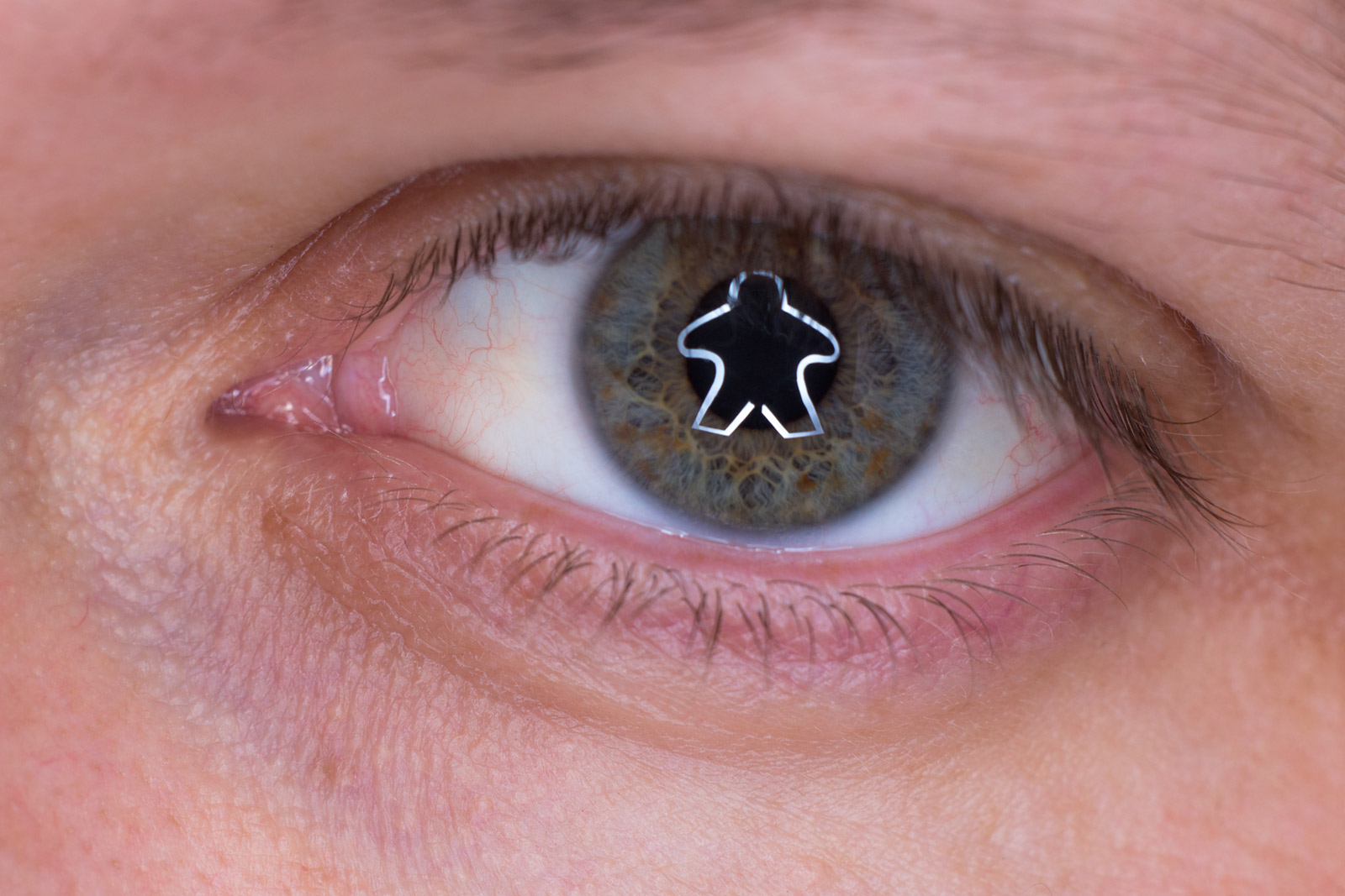 Custom meeple shaped catchlight creates the iconic board game pawn shape in the reflection of an eye.