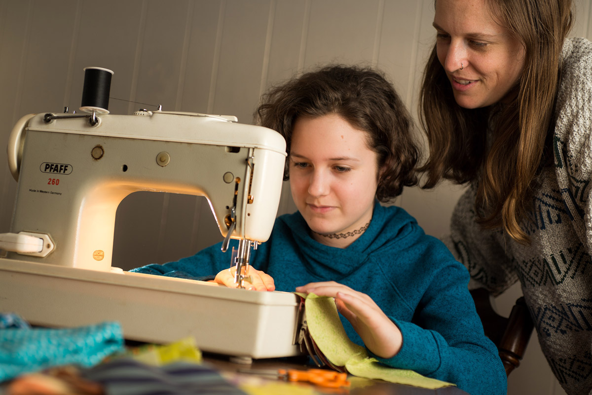 Sewing rows together on a sewing machine