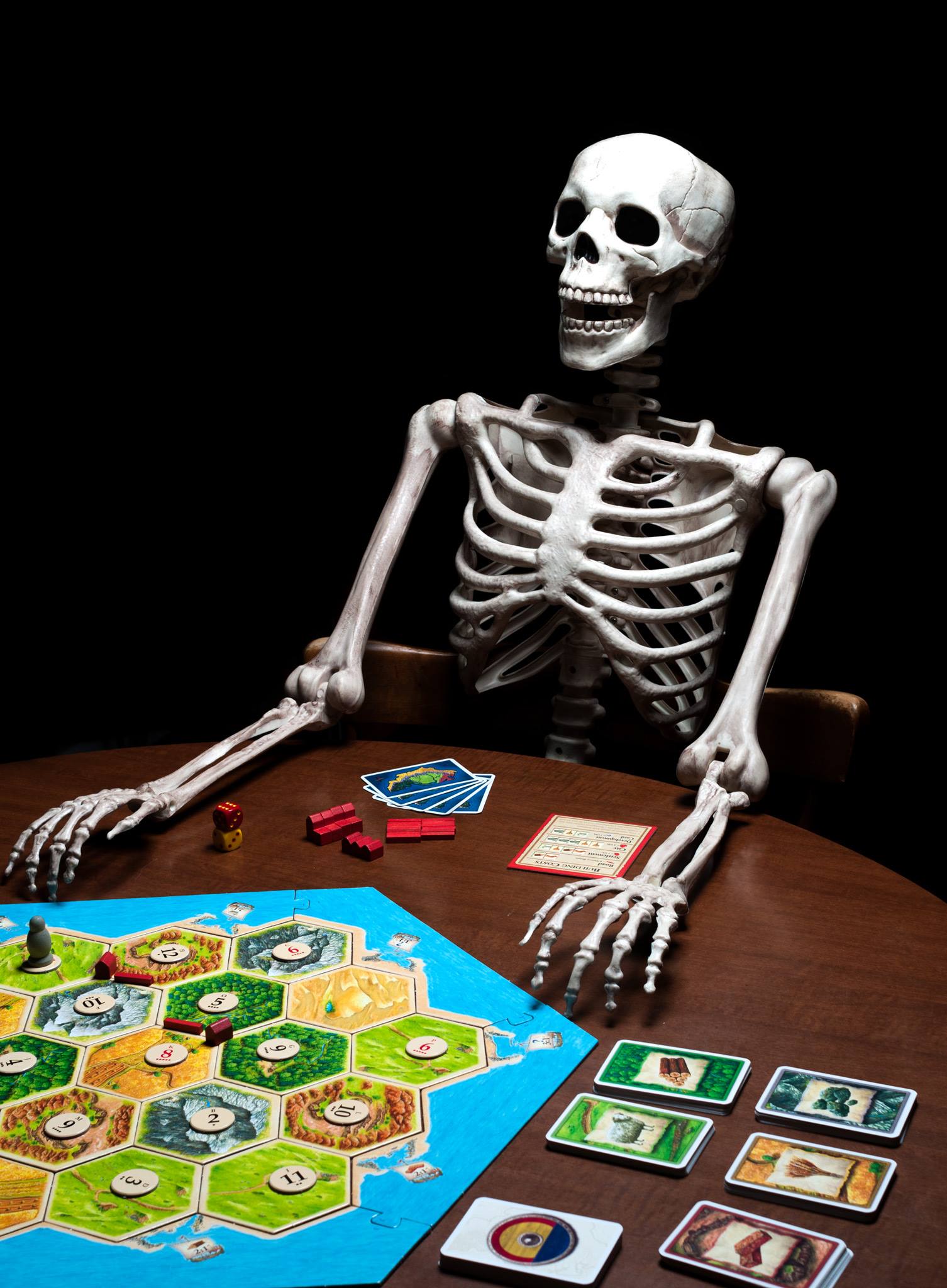 Skeleton playing Catan board game