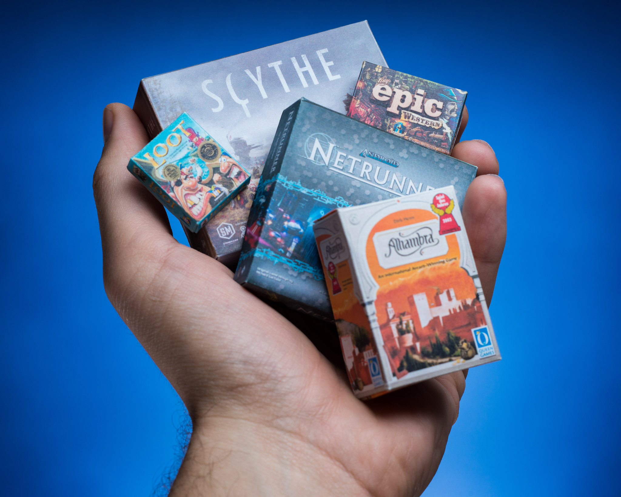Tiny board game boxes – Scythe, Alhambra, Android Netrunner, Loot, Tiny Epic Western